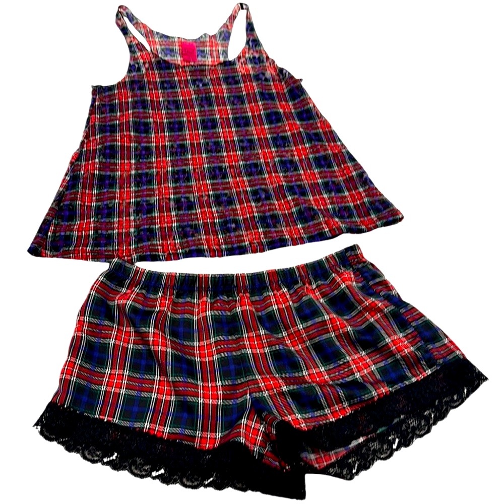 NWT Material Girl PJ Lounge Sleepwear Set Boy Shorts & Tank Top Plaid w Lace NEW